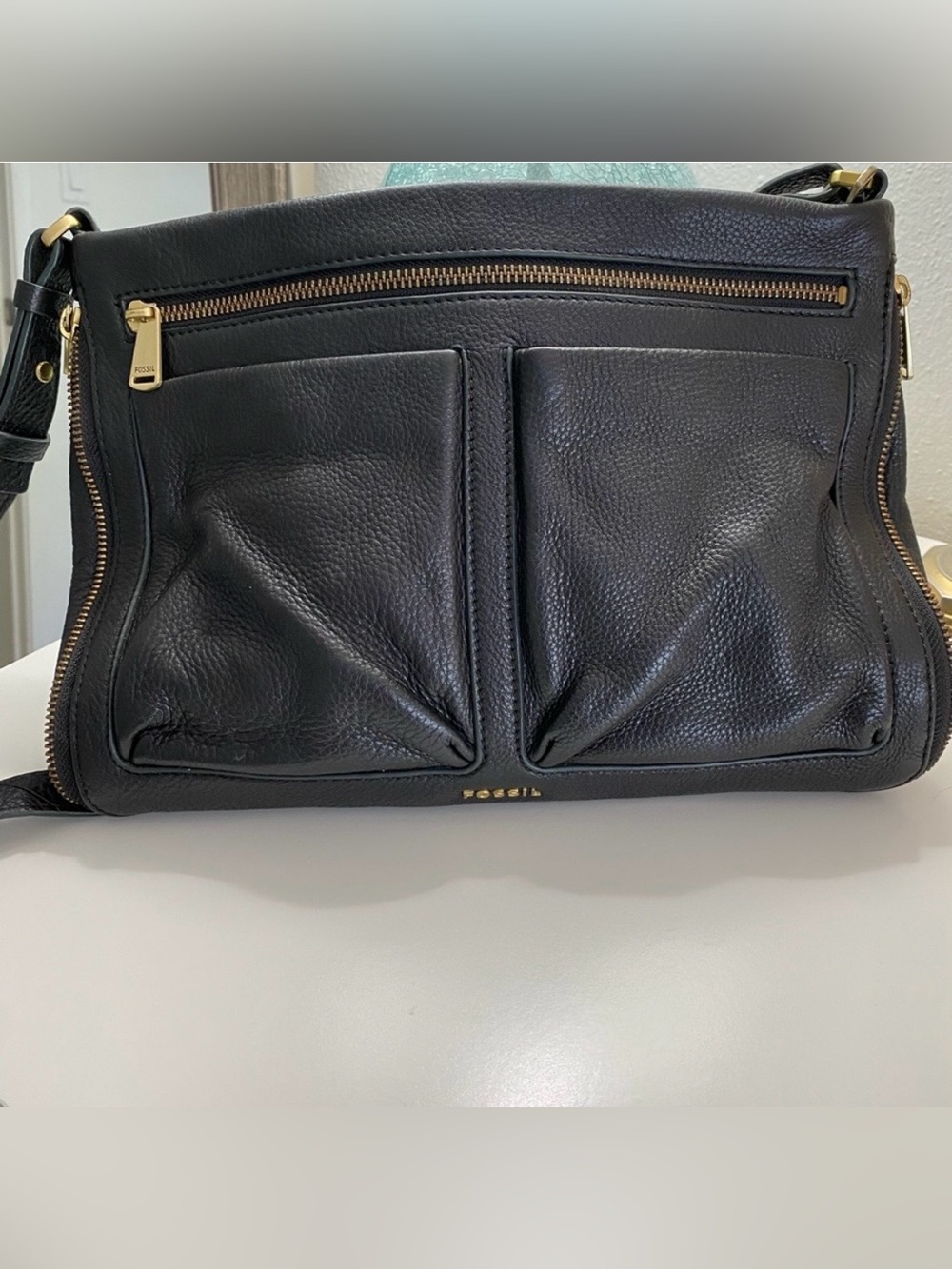 Fossil Black Leather Two-Front-Pocket Crossbody